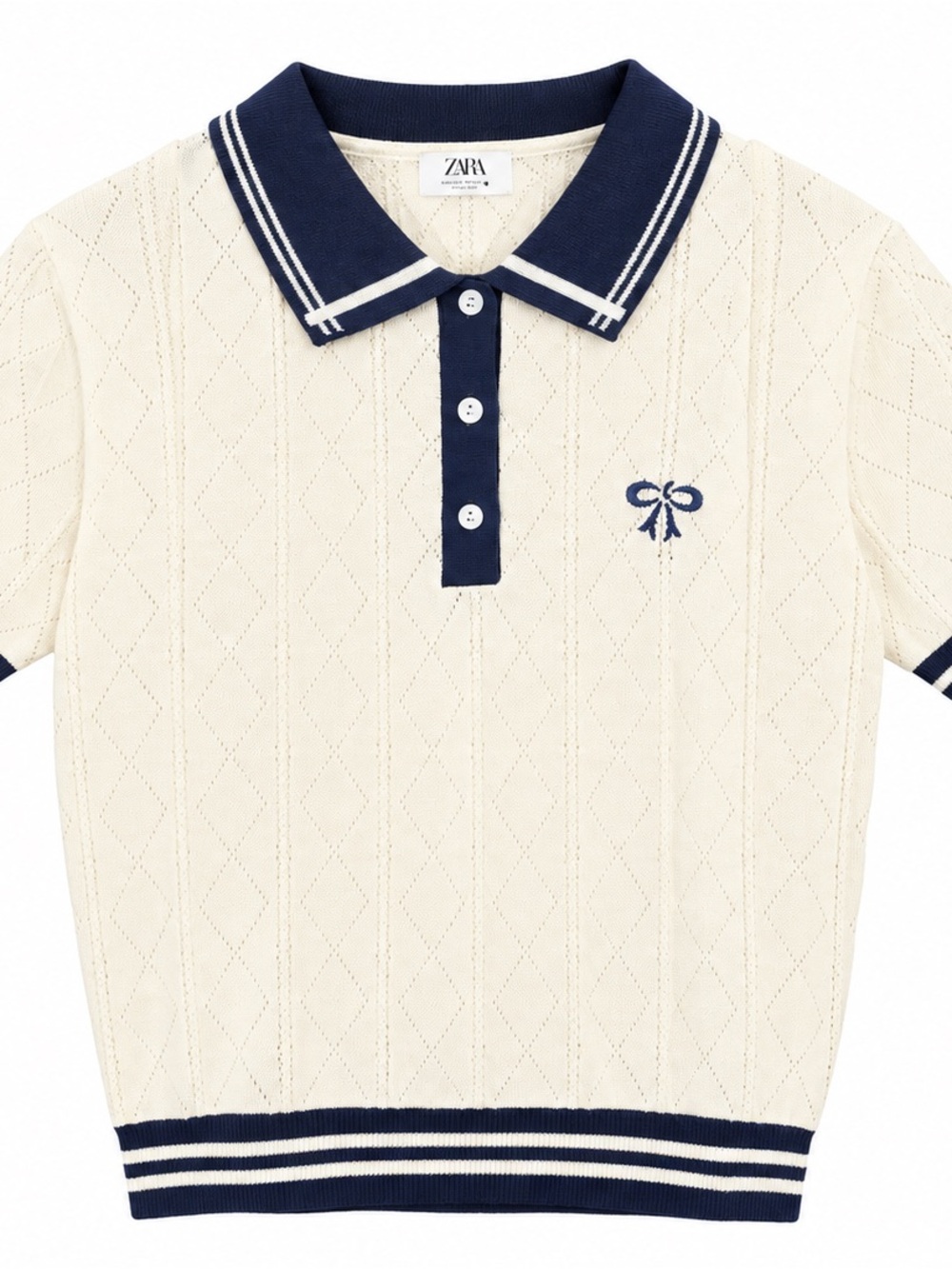 Zara Cream Polo Top with Navy Trim and Embroidered Bow